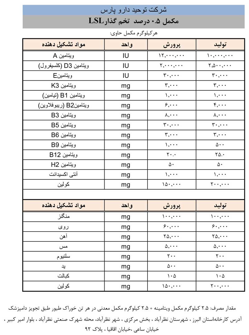 مکمل 0.5 درصد تخم گذار LSL