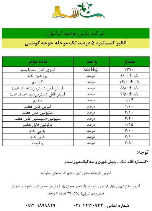 کنسانتره ۵ درصد تک مرحله ای گوشتی